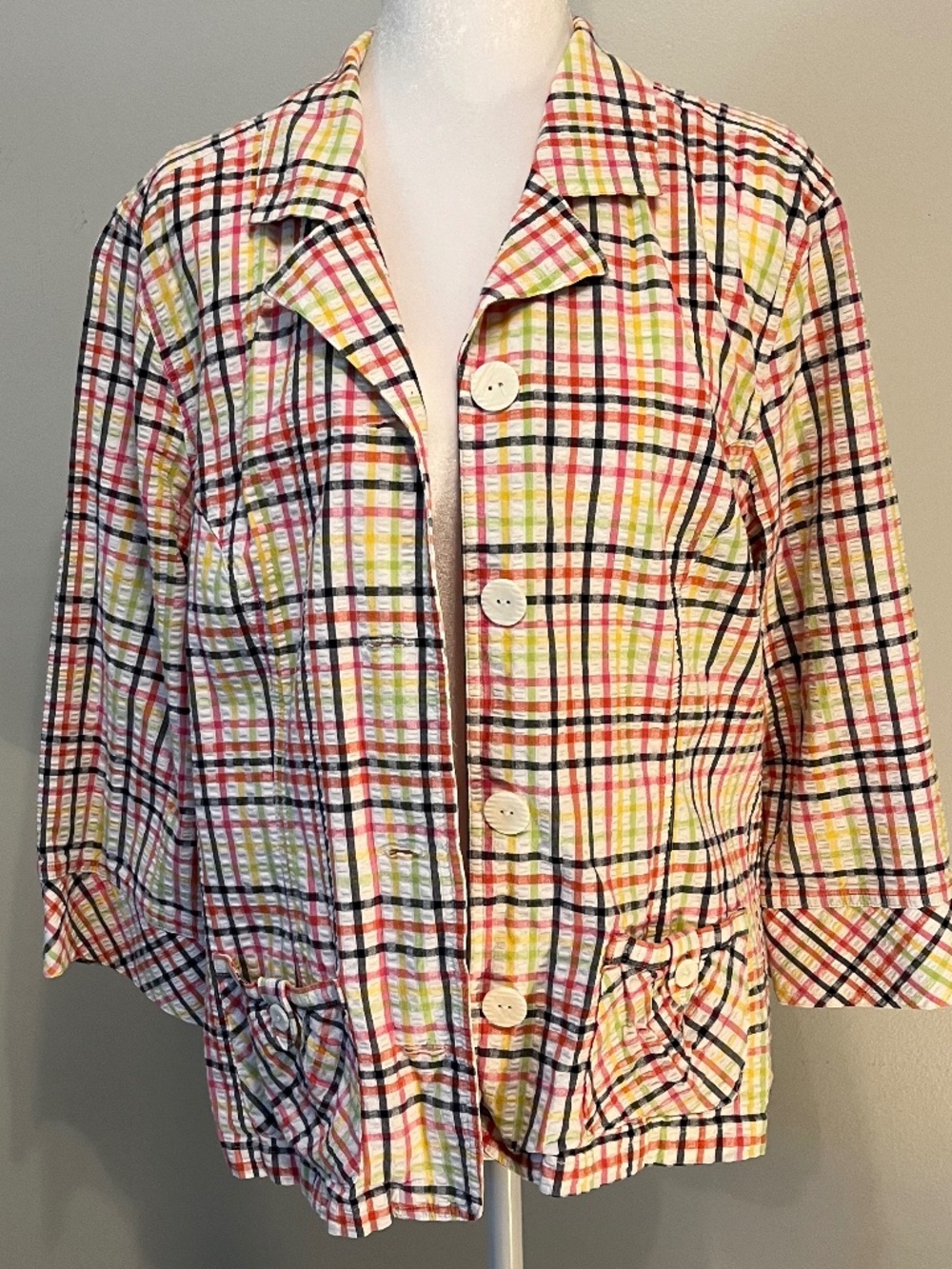 Christopher & Banks Seersucker Plaid Jacket 3/4 Sleeve Multicolor Sz L
